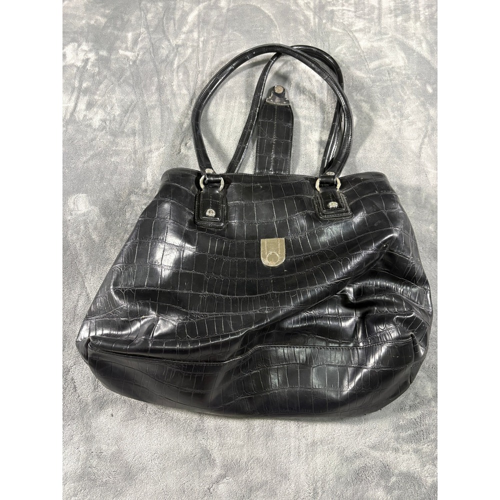Liz Claiborne Womens Croc Embossed Shoulder Bag Large Black Faux Leather